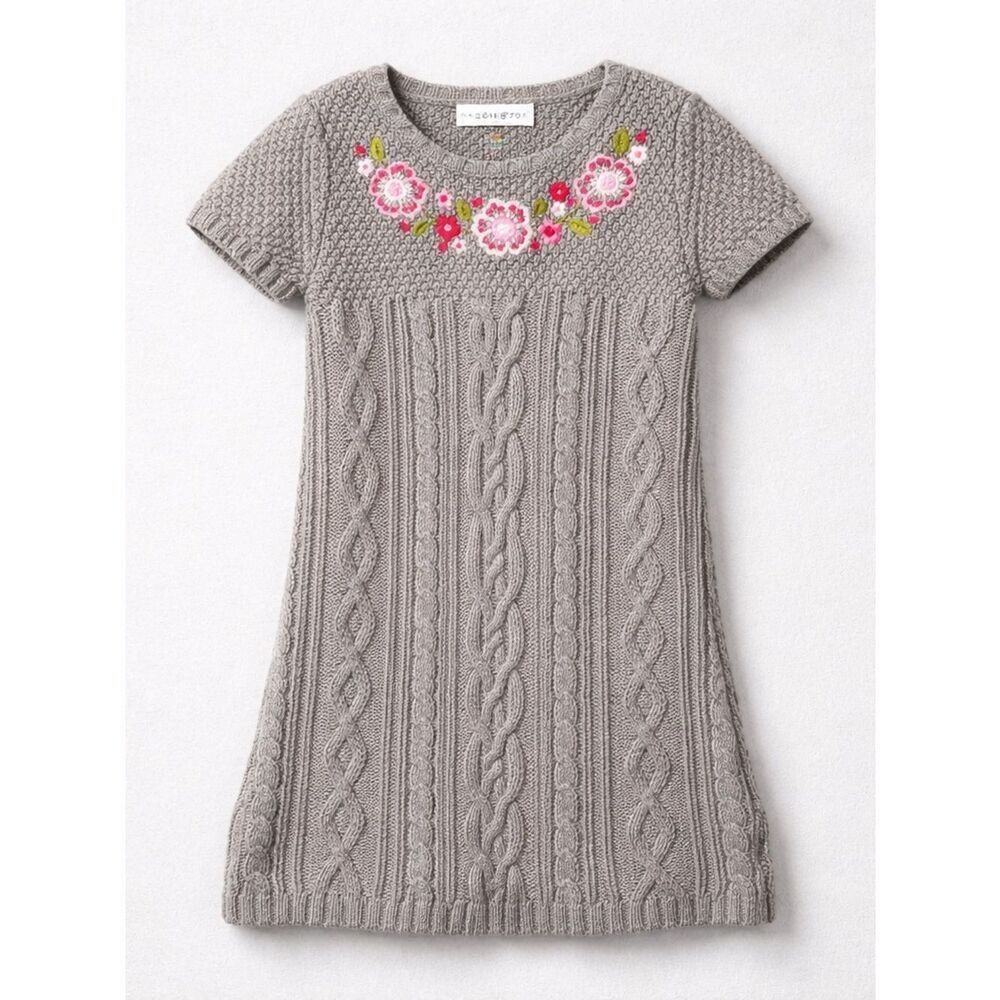 Maggie & Zoe gray cable short sleeve sweater dress with pink floral embroidery